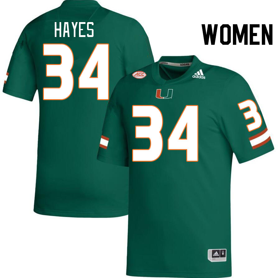 Women #34 Adarius Hayes Miami Hurricanes College Football Jerseys Stitched-Green